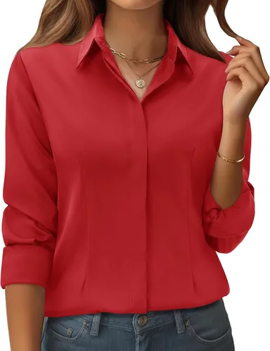 Vista 11 de siliteelon Camisas con botones para mujer: ajuste clásico, resistente a las manchas, manga larga, sin arrugas, oficina de negocios