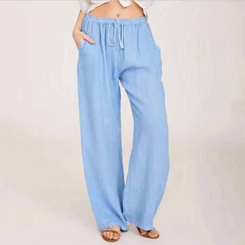 Vista 2 de Pantalones de algodón recortados de cintura elástica de color sólido para mujer