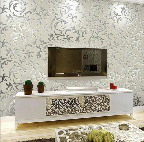 Vista 5 de Q QIHANG Moderno Simple 3D Estilo Europeo Veza Hoja Tela No Tejida Sala de estar TV Fondo No Pegado Papel pintado 1.73' Ancho x 32.8' L (Plata)