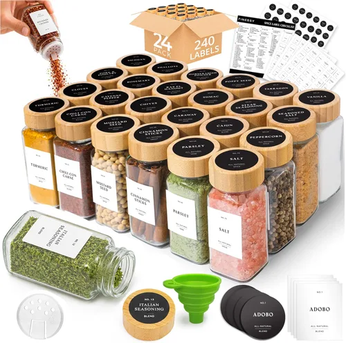 Vista 11 de FINESSY Tarros de especias de vidrio grueso con tapas herméticas y Paquete de 24 Estilo Minimalista