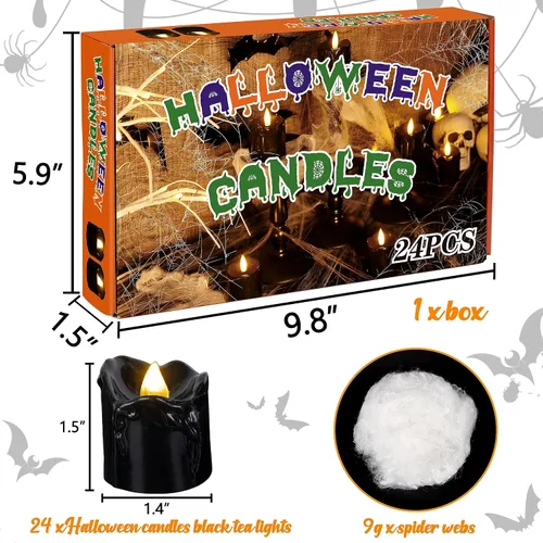 Vista 3 de 24 velas de decoración de Halloween para interiores, velas de té negra: velas LED sin llama, funciona con pilas, decoración de mesa con telarañas