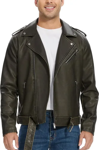Vista 9 de Fahsyee - Chaquetas de cuero para hombre, chaqueta bomber de piel sintética con solapa de motociclista, cierre asimétrico de cremallera, cinturón