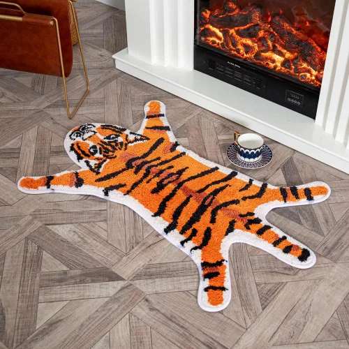 Vista 2 de Alfombra personalizada con estampado de tigre, bonita alfombra de felpa de tigre sintético, antideslizante, decoración del hogar, tapete esponjoso