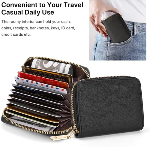Vista 3 de CORALDAISY Cartera de piel vegana con tarjetero para tarjetas de crédito con cremallera, 1-negro, Mini