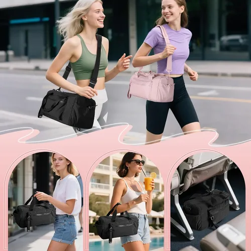 Vista 6 de Pequeña bolsa de gimnasio para mujer, bolsa de viaje con compartimento impermeable, bolsa de transporte para el fin de semana para deportes