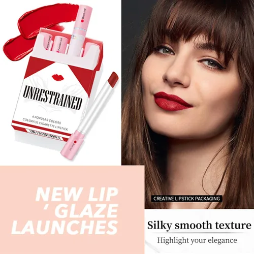 Vista 3 de FYEBOO Labiales de tubo de 4 colores, juego de lápices labiales pequeños, Labiales Mate Velvet Lipstick Hidratante y Suave, Mancha de Labiales Roja
