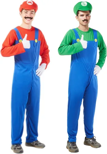 Vista 5 de Disfraz de Halloween para hombre adulto, traje de fontanero para cosplay con sombrero, guantes, bigote, accesorios