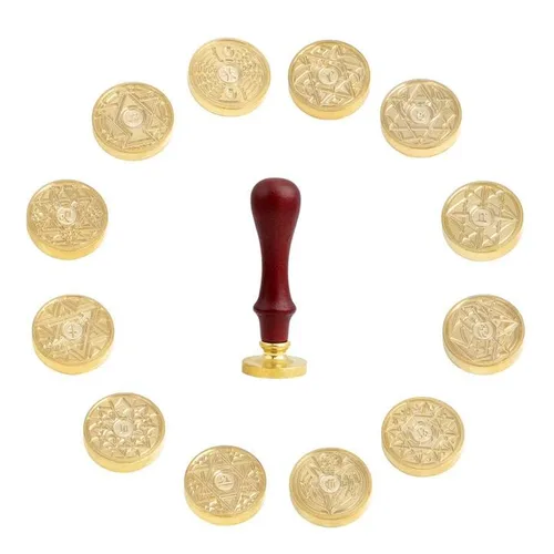 Vista 2 de Juego de sellos de sellado con 12 piezas de signos del zodiaco completo constelaciones temáticas cabezas de latón mango de madera kit de sellado