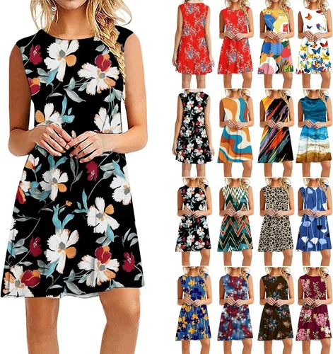 Vista 5 de YHIWU Vestidos para mujer, de verano, casuales, con cuello redondo, sin mangas, para la playa, con estampado de moda