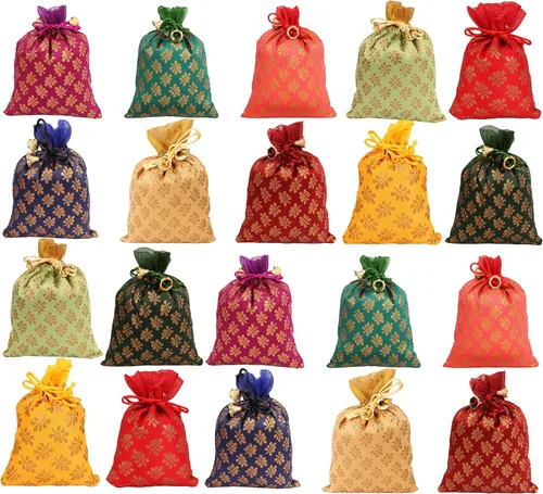 Vista 9 de Touchstone Bolsas con cordón de tela tradicional india, hechas a mano, perfectas para regalos, joyas, bodas, bolsas, bolsas, Potli, -Mimosa