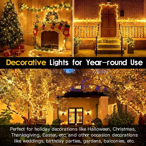 Vista 5 de Techip 300 luces LED para árbol de Navidad al aire libre, luces de Navidad blancas cálidas para exteriores impermeables centelleantes, alambre