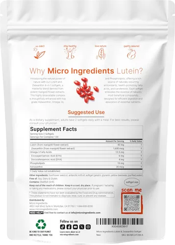 Vista 2 de Micro Ingredients Cápsulas blandas de luteína y zeaxantina de 40 mg, 240 unidades, con astaxantina, omega-3 y fosfolípidos, vitaminas para la salud