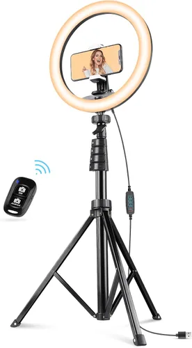 Vista 7 de UBeesize - Anillo de luz para selfies de 12" con soporte de trípode extensible de 62" y control remoto, luz LED circular con soporte para teléfono