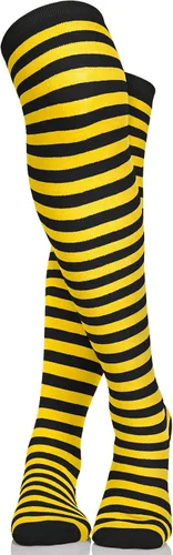 Vista 6 de Skeleteen Calcetines negros y amarillos Sobre la rodilla a rayas hasta el muslo, accesorios de disfraz, medias de abejorro para mujeres y niños