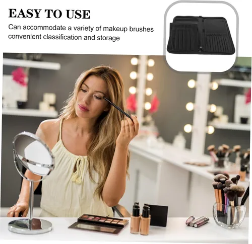 Vista 6 de DOITOOL Elegante soporte para brochas de maquillaje de lona, organizador de 15 bolsillos para cosméticos ordenados, negro, 11.8 x 11.0 in