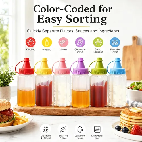 Vista 7 de 8 mini botellas exprimibles de condimentos de 1 onza botella de salsa de salsa de plástico botella de salsa de miel mostaza ensalada salsa Bento Box