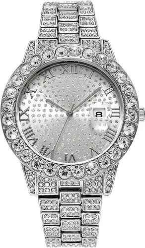 Vista 8 de ADSBIAOYE Reloj unisex de lujo con diamantes de moda, esfera grande, números romanos con calendario