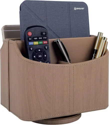 Vista 13 de Soporte de cuero para control remoto giratorio de 360 grados, organizador giratorio de escritorio para mandos a distancia de TV, bolígrafo, Beige