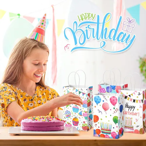 Vista 4 de Fulmoon 36 bolsas de regalo de feliz cumpleaños, a granel, bolsas de regalo de feliz cumpleaños con asa, suministros de papel colorido para fiestas
