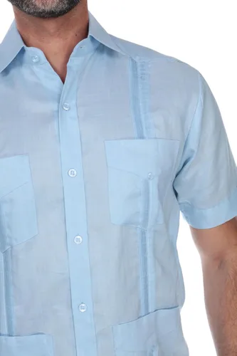 Vista 6 de Camisa Guayabera clásica con cuatro bolsillos para hombre, mezcla de polialgodón y manga corta