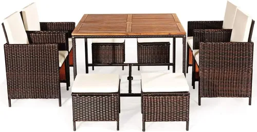 Vista 11 de HAPPYGRILL Juego de 9 piezas de comedor para patio al aire libre con asientos acolchados, mesa de comedor que ahorra espacio con mesa de madera