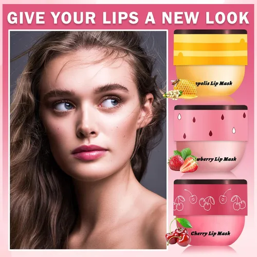 Vista 7 de CAHIUYOA Bálsamo labial de abeja, 3 unidades, bálsamo labial de miel, fresa, miel, cereza, máscara para dormir, bálsamo labial hidratante de abeja