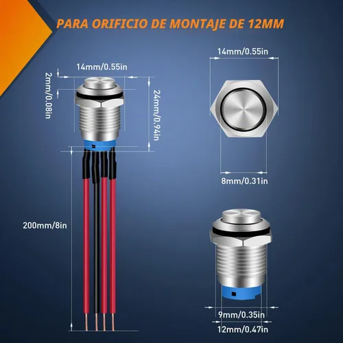 Vista 2 de Nilight Interruptor de botón de 0.472 in, 5 unidades con arnés precableado de acero inoxidable de 12 V 24 V, bloqueo automático, interruptores 5
