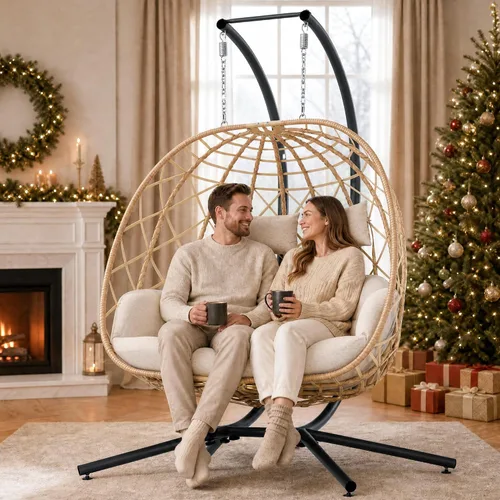 Vista 2 de SWITTE Silla columpio de huevo colgante doble al aire libre con soporte y 2 Asientos-crema