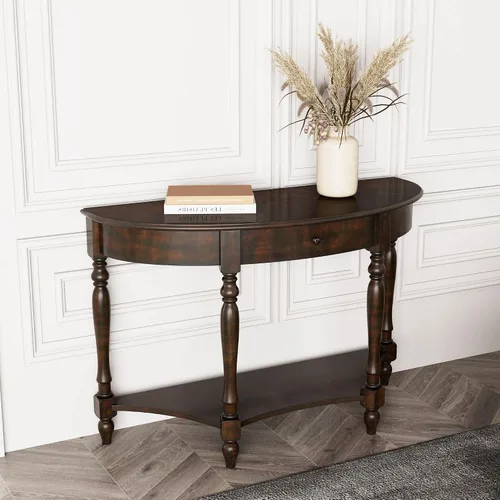 Vista 14 de Mesa auxiliar ovalada de madera con cajón y estante de almacenamiento, 22 x 28" blanco antiguo con cajón-cjz