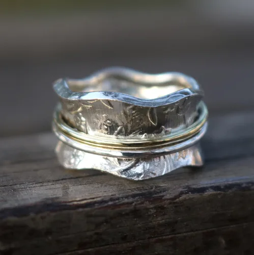 Vista 3 de ENERGY STONE Anillo giratorio de plata de ley 925 para meditación de prado para mujer con giratorios redondeados de latón y plata (estilo US04)