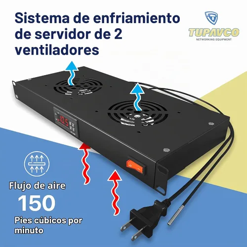 Vista 2 de Ventilador de montaje en rack - 2 ventiladores 1U 19" con temperatura ajustable y pantalla digital Configuración de refrigeración de 2