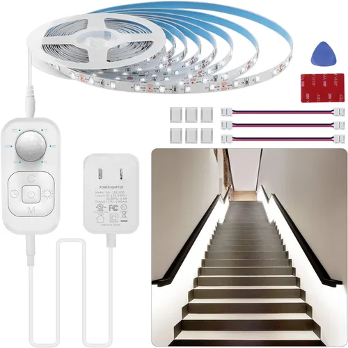 Vista 11 de Luces con sensor de movimiento para debajo del gabinete: tira de luces LED enchufables para interiores con adaptador de corriente, atenuador