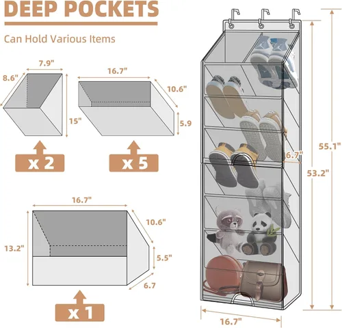 Vista 2 de STORAGE MANIAC Organizador de zapatos para colgar sobre la puerta con cortina, resistente al polvo, organizador de zapatos grande y profundo
