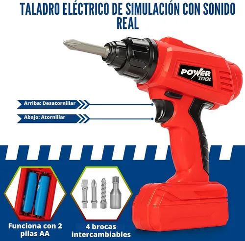 Vista 4 de Juego de banco de herramientas para niños con taladro eléctrico y herramientas realistas, juego de banco de trabajo de construcción para niños