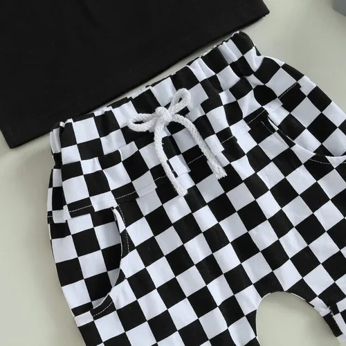 Vista 6 de Karuedoo Conjunto de camiseta de manga corta a cuadros para bebé niño y niña, conjunto de camiseta y pantalones cortos de moda para niños pequeños