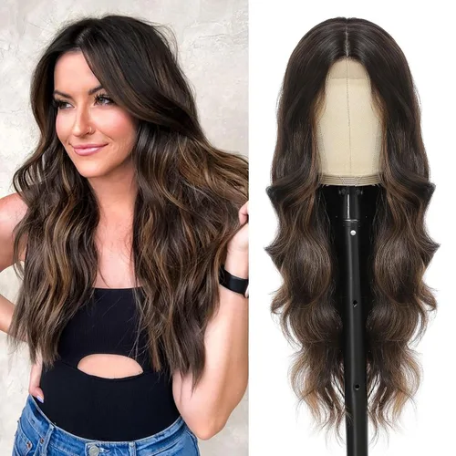 Vista 11 de Pelucas onduladas de color marrón oscuro para mujer, 26 pulgadas, parte