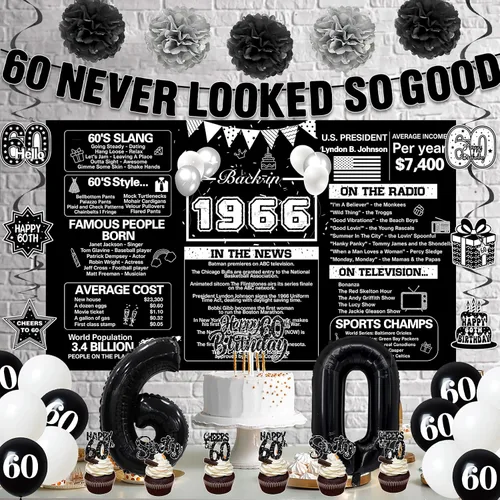 Vista 7 de Crenics Decoraciones de 60 cumpleaños en negro para hombres y mujeres - Telón de fondo de 1966, pancarta, pompones de papel, espirales colgantes