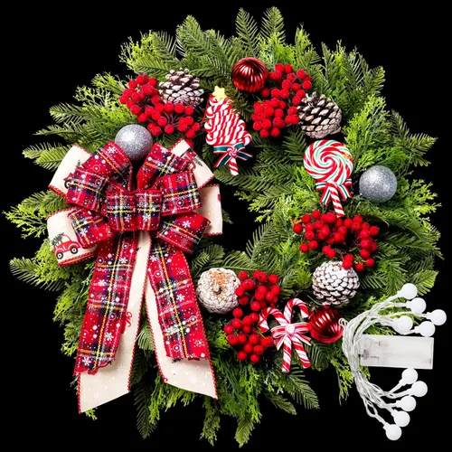Vista 7 de Coronas de Navidad para puerta delantera, corona de puerta de Navidad artificial iluminada de 20 pulgadas con lazo de bola de piruletas de caramelo