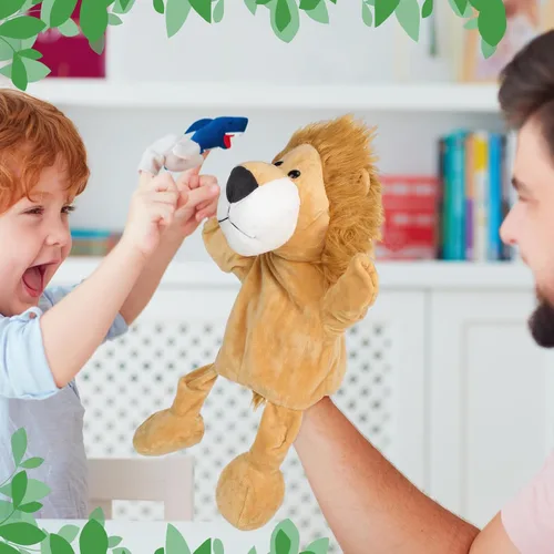 Vista 4 de Wettarn 10 piezas de marionetas de animales de mano de 12 pulgadas de felpa suave, diseño de león, orangután, jirafa, tigre, cerdo, elefante