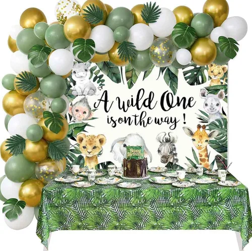 Vista 3 de Wild One - Telón de fondo para baby shower, decoración de fondo de fiesta de safari en la selva, vegetación tropical, animales de zoológico, niños