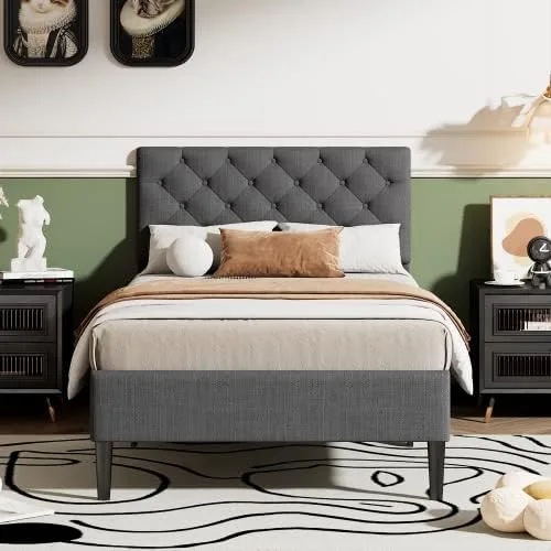 Vista 10 de Marco de cama de plataforma de tamaño individual, marco de cama tapizado de lino de diseño moderno con cabecera copetuda, cama de almacenamiento
