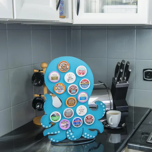 Vista 4 de Soporte de cápsulas de café para encimera frontal compatible con K-Cups, decoración de barra de café para el café del hogar (pulpo azul)