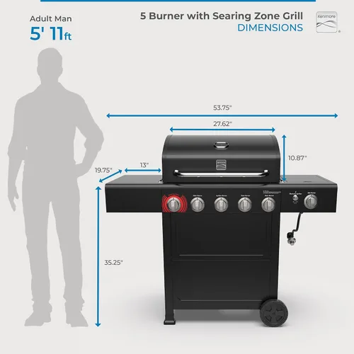 Vista 9 de Kenmore Parrilla de gas propano para barbacoa, 5 quemadores con quemador lateral y zona de sellado, parrilla de acero inoxidable de 644 pulgadas