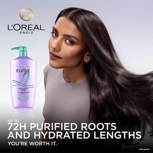 Vista 3 de L'Oreal Paris Elvive Hyaluron + Pure 72H Champú purificador para cabello graso, champú clarificador con ácido salicílico y ácido hialurónico, 28