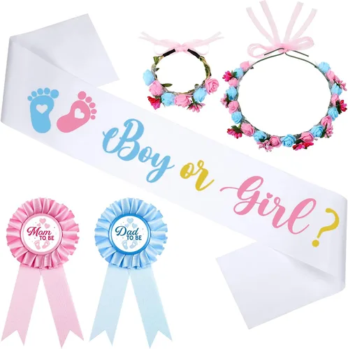 Vista 8 de Riceshoot Banda para revelar género para niño o niña con banda para la cabeza de la muñeca con diadema de flores para fiesta de baby showe