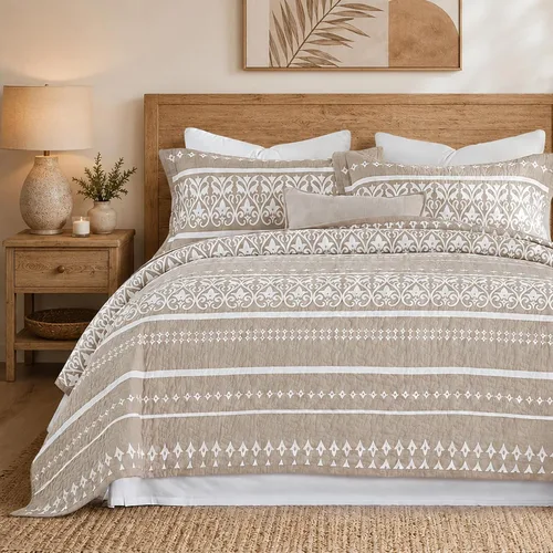 Vista 11 de Juego de edredón 100% algodón a rayas, bohemio, tamaño Queen, color beige y blanco, 3 piezas Lightweight & Soft Bedspread, Boho Style Bedding Set