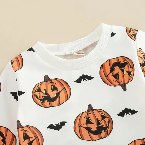 Vista 6 de Kayotuas Conjunto de camisa y pantalones de manga larga con cuello redondo para bebé, disfraz de calabaza, fantasma, calabaza, fantasma, camiseta