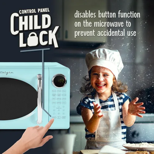 Vista 76 de Nostalgia Horno microondas retro compacto para encimera, 0.7 pies cúbicos, 700 vatios con pantalla digital LED, bloqueo para niños, interior fácil
