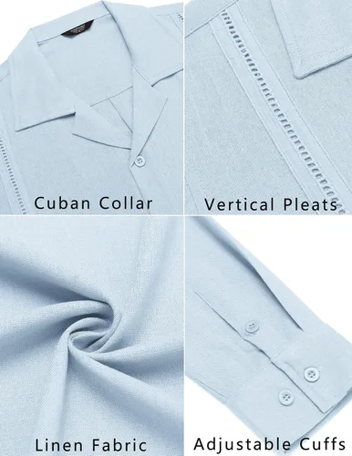 Vista 5 de COOFANDY Mens Linen Shirt Casual Cuban Guayabera Long Sleeve Button Down Beach Shirts
