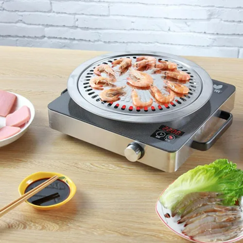 Vista 8 de Sartén coreana para barbacoa para estufa, sartén redonda de acero inoxidable de 11.81 x 1.1 pulgadas, placa de parrilla de campamento
